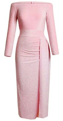 Douremifa Sexy Off Shoulder Party Midi Sequin Dress Glitter HighSlit Pink  Large | eBay