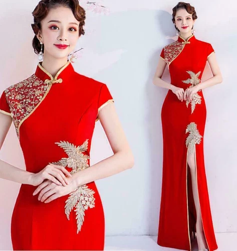 Hochgeschlitztes chinesisches Qipao-Damenkleid Cheongsam Stickerei Abschlussball Abend Party - Bild 15 von 17