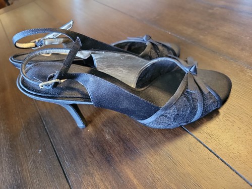 NINA Black Satin & LACE Open Toe Dress FORMAL Evening Pump Heels BOW 8.5 M shoes - Picture 2 of 4
