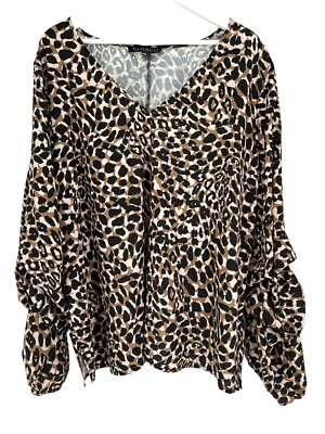 Eloquii Plus Size Blouse Size 20 Animal Print Ruched L/S V-Neck Casual Work