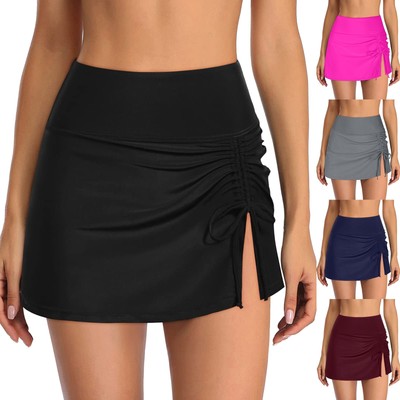 Womens High Waisted Split Swim Skirt Sporty Drawstring Swim Bottom Swimsuit Biki