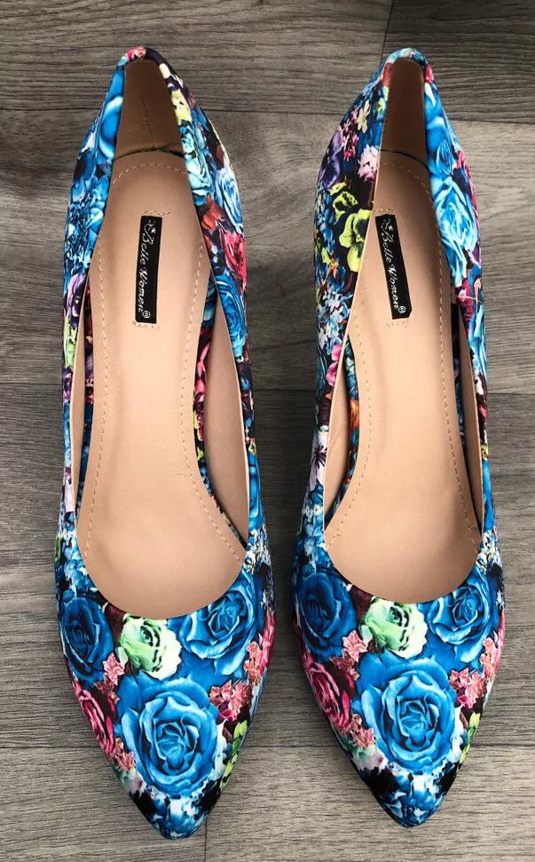 Belle Women Court Shoes Heels Blue Floral Flowers Roses Wedding Size 41 UK 7 8