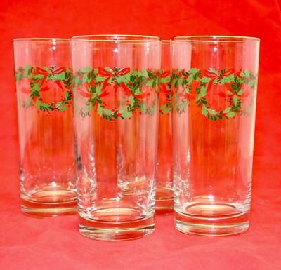 Christmas Tall Coolers Tumblers Boughs of Holly & Wreath w/ Red Ribbon Set of 4 