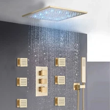 Brushed Gold 12"LED Rain Shower Faucet Set Kit Thermostatic Massage System Combo
