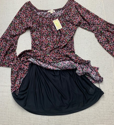 Michael Kors Long Sleeve Ruffled Skirt Tie Black/Pink Flowered Dress NWT Size M - Picture 6 of 11