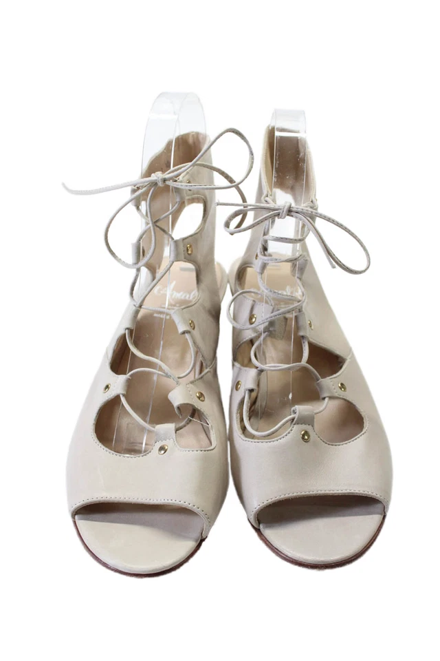Amalfi Womens Open Toe Lace Up HIgh Wedge Heels Leather Beige Size 7 - Image 2 of 4