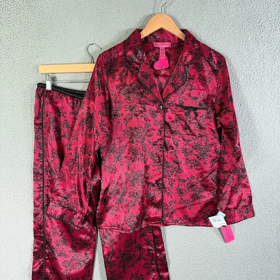 NWT Betsey Johnson Satin Pajama Set Medium Pink Black Heart Ruffle Y2K 2000s - Image 2 of 4