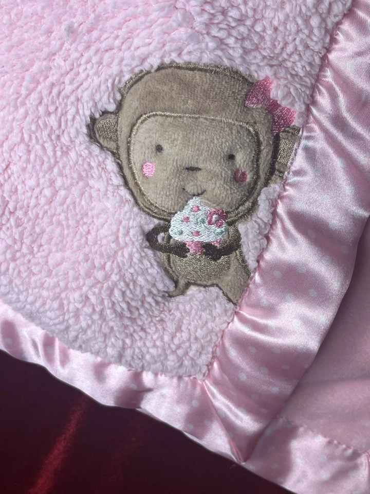 Carter's Child of Mine Pink Satin Trim Baby Blanket With Embroidered Monkey Soft - Image 2 of 4