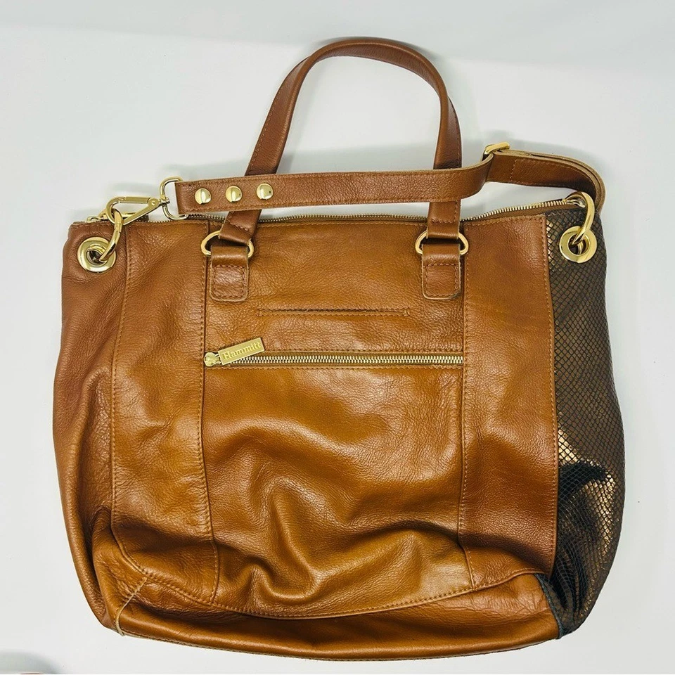 Bolso de Mano Hammitt Grande Azul Oscuro Cuero Coñac Bronce Piel de Serpiente Gamuza 14x12 Foto 2 de 4
