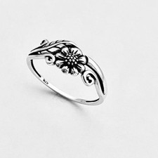 Dainty Sterling Silver Sunflower Ring with Leaf Detail