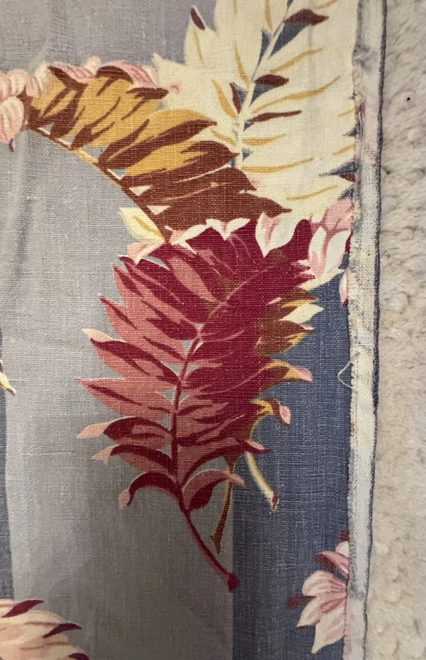 Vtg Mid Century Tropical Barkcloth Fabric Panel 35x84 Blue Pink Leaves Stripe - Image 3 of 4
