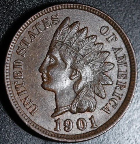 1901 INDIAN HEAD CENT - With LIBERTY & 4 DIAMONDS - AU+ UNC