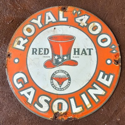 VINTAGE RED HAT ROYAL 400 TRADE MARK GASOLINE OIL GAS PUMP ENAMEL PORCELAIN SIGN