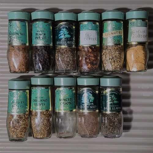 Vintage SCHILLING & MCCORMICK Sage Green Lid Cap Spice Jars Set/LOT of 11 - Picture 5 of 5