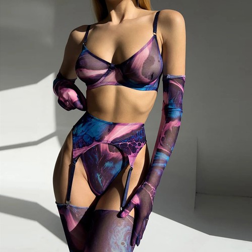 Damen Netz Dessous Sets mit Strumpfgürtel Netz Top Overknee Strümpfe Handschuhe - Bild 10 von 16