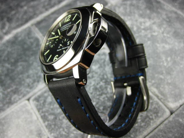 24mm NEW COW LEATHER STRAP Black Watch BAND Blue Stitch PANERAI PAM 24