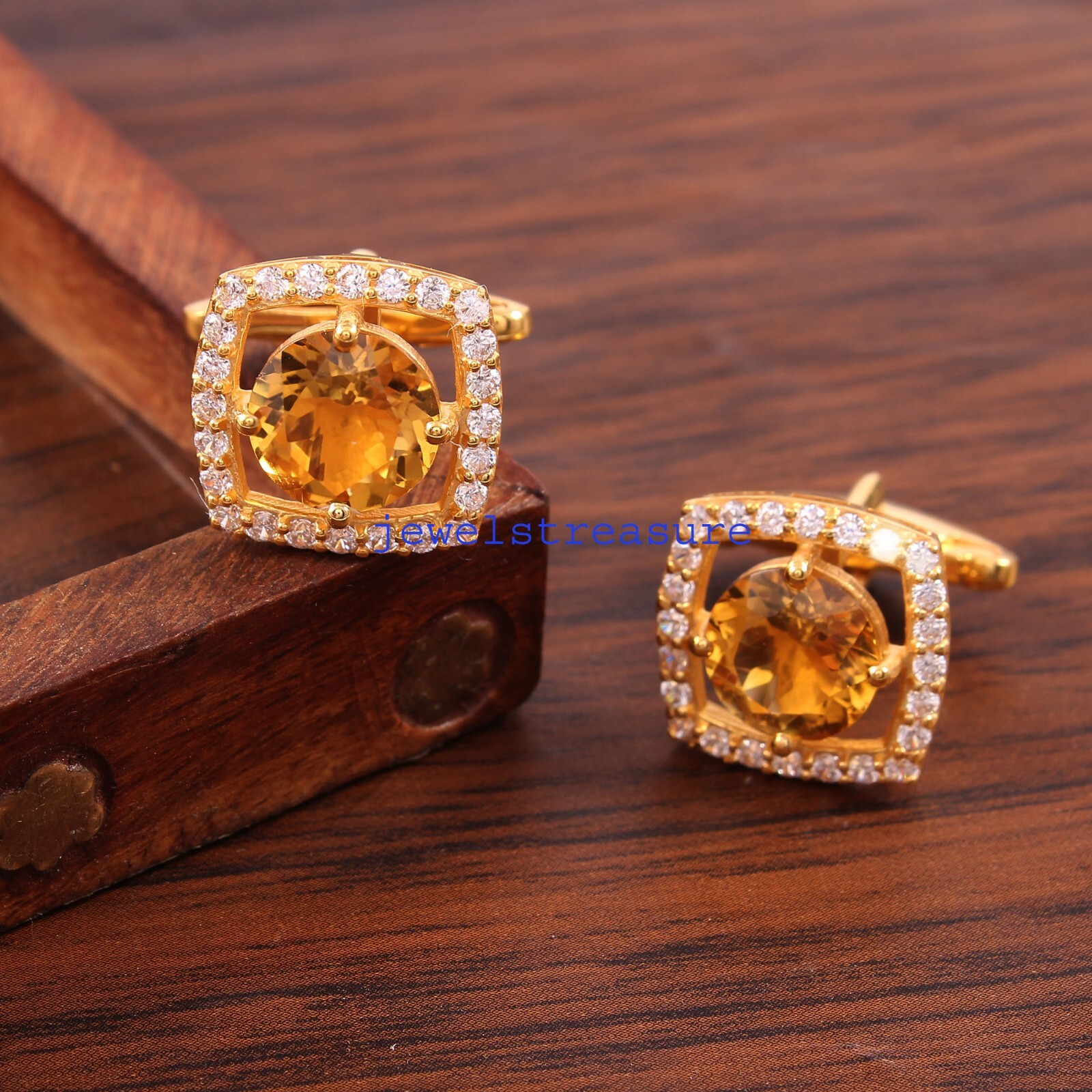 Boutons De Manchette En Argent Sterling Plaqué Or Avec Citrine Et Grenat - Fait Main, Naturel, #J09