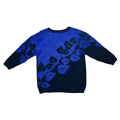 Vintage 80's Pullover 12-14-16 M/L Blau / Schwarz Glänzend Lurex Blattmuster - Bild 1 von 3