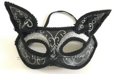 Halloween Cat Eye Masquerade Half Face Mask Black Silver Glitter Kitty Costume
