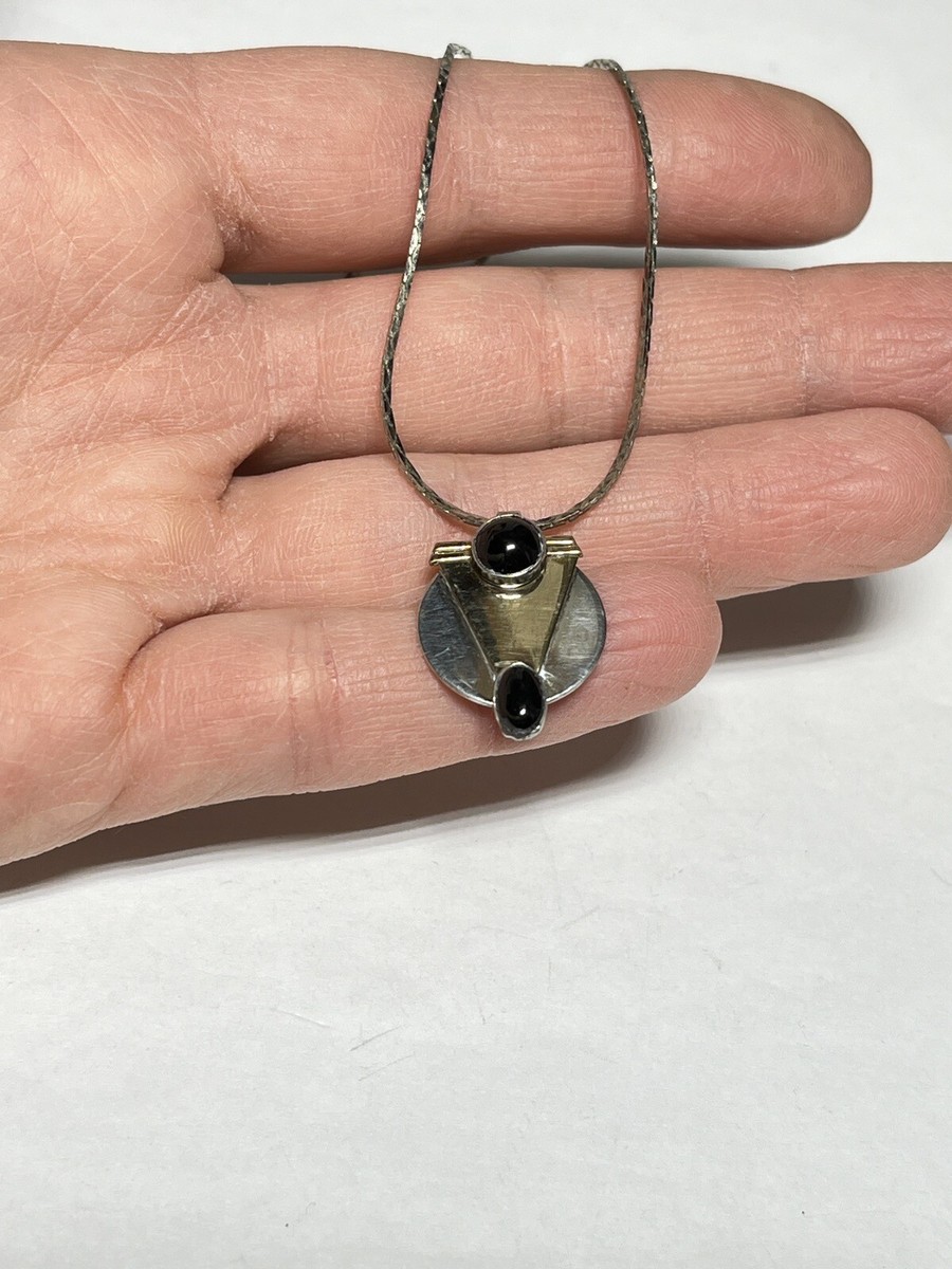 Vintage 2 Tone Metal Artisan Abstract Pendant Black Cabochon
