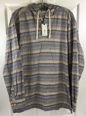 Rowm Long-Sleeve Hooded Shirt Men's XL Blue Tan Striped Pullover
