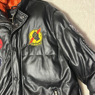 REASON Jacket Mens XXL Black Orange Fur Puffer Zip Up Winter