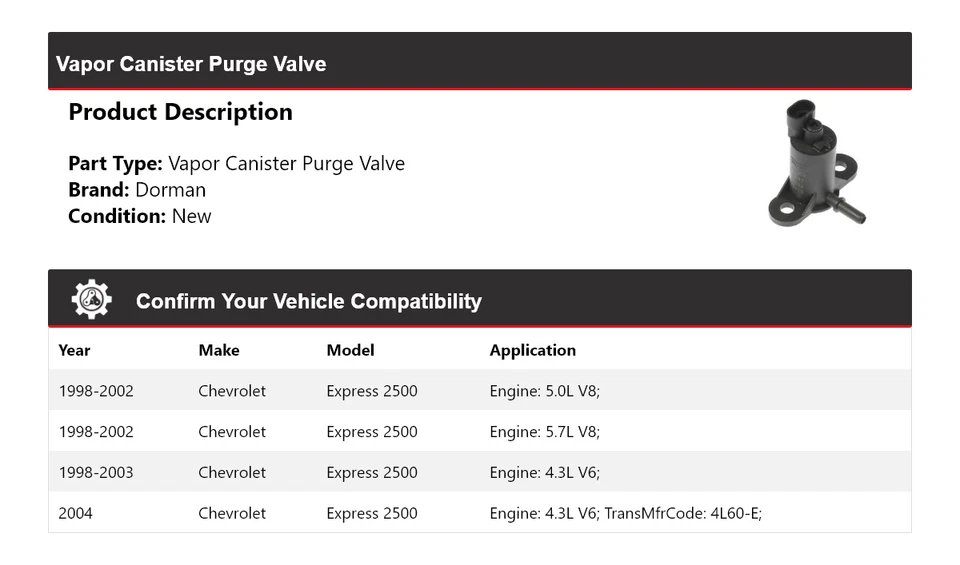 Válvula de purga de bote de vapor Dorman 1998-2004 Chevrolet Express 2500 1999 2000 Foto 2 de 4