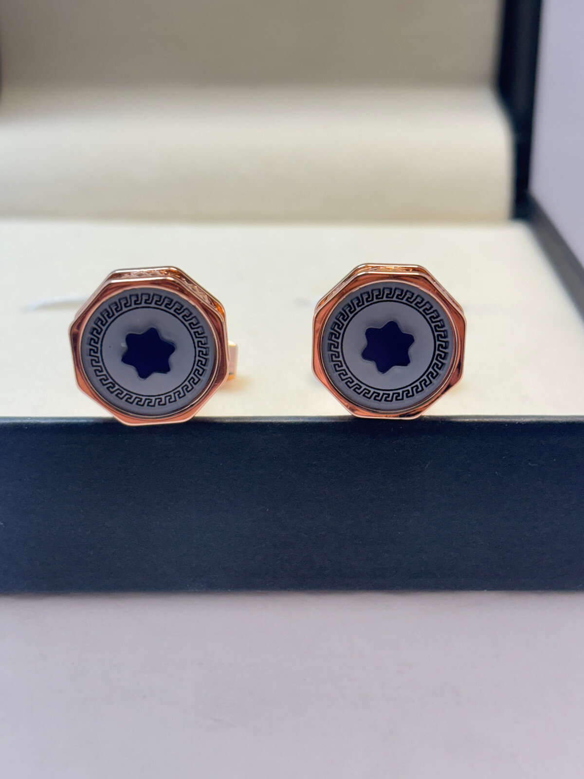Elegant Montblanc Men's Blue Star Octagon Style Rose Gold Color Cufflinks Set