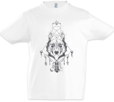 Indian Wolf & Feathers Kids Boys T-Shirt Native American Axe Tomahawk Chief