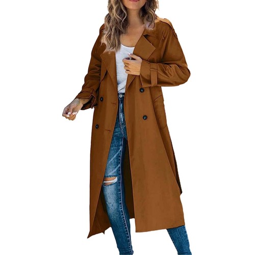 Womens Trench Coat Long Double-Breasted Classic Lapel Overcoat Outerwear W/ Belt - Picture 29 of 51