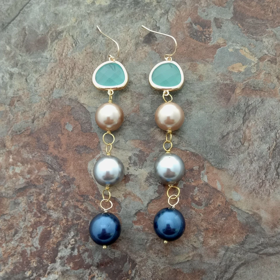 Pendientes de cristal verde perla concha de mar multicolor Foto 4 de 4