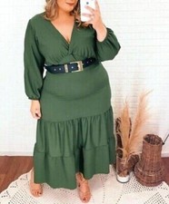 WOMEN PLUS SIZE SURPLICE NECK RUFFLE HEM BELTED GREEN MIDI DRESS (ONE SIZE PLUS)