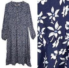 Bobeau Maxi Dress Floral Blue White Button Front Women's Size L Elastic Waist