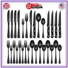 24-Piece Matte Black Silverware Set, Stainless Steel Flatware Cutlery, Kitchen