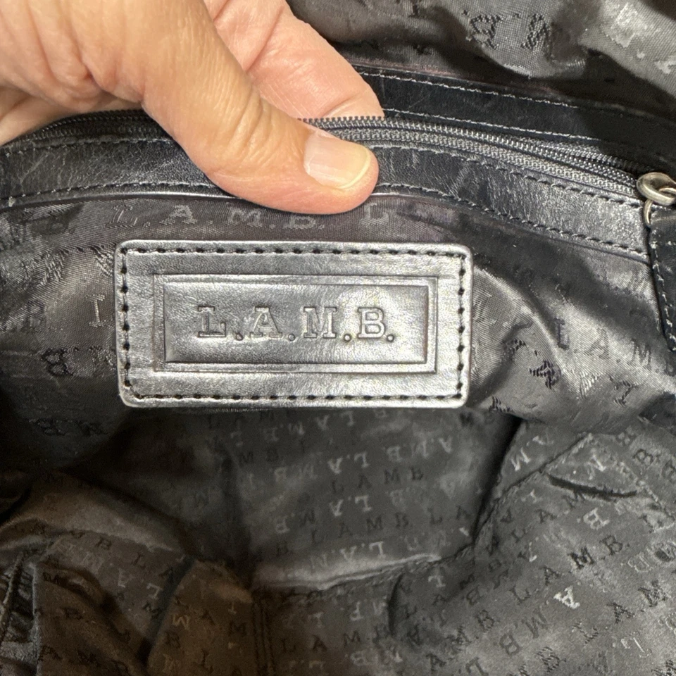 L.A.M.B. Bolso de hombro grande de lona y cuero beige a rayas ribete de cuero negro Foto 4 de 4