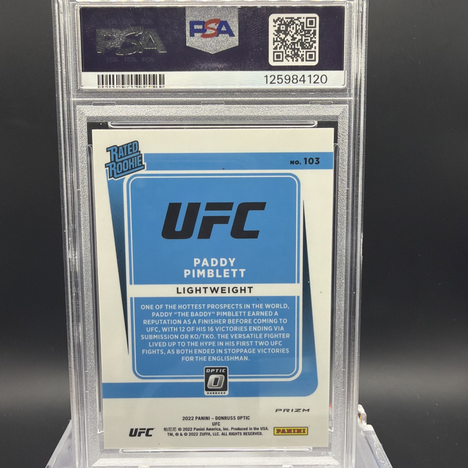 2022 UFC Optic PADDY PIMBLETT PHOTON RATED ROOKIE SSP #103 CASE HIT! PSA 9! view 2