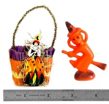 Vintage Halloween Crepe Paper Candy Holder & Plastic Witch On Broom (c.1950's)