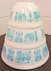 Vtg 3 Pyrex Turquoise Amish Butterprint Nesting Bowl Set Blue white Ex Condition