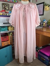 Vtg Babydoll Peignoir Set 60s Soft Pink Chiffon Coquette Pin-Up Nightgown Robe S