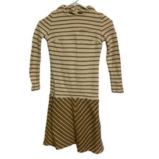 Handmade Vintage Wool Cream Brown Striped 3/4 Sleeve Midi Dress Size XS