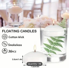 (Set of 36) Floating Candles, 3 inch wide White Dripless Wax Burning Candles