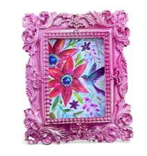 Hummingbird & Pink Sunflower watercolor mini print in vintage style ornate frame