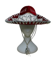 Pigalle Red  Silver Adult Mexican Sombrero Hat Velour Embroidered Traditional F