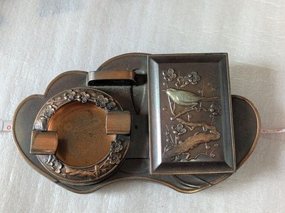 Vintage Japanese Copper Ashtray & Cigarette Case Plum Bush Warbler Retro