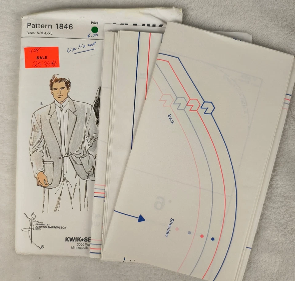 VTG 80s Kwik Sew Pattern 1846 Men's Jacket Blazer Sport Coat S M L XL Uncut - Image 2 of 3