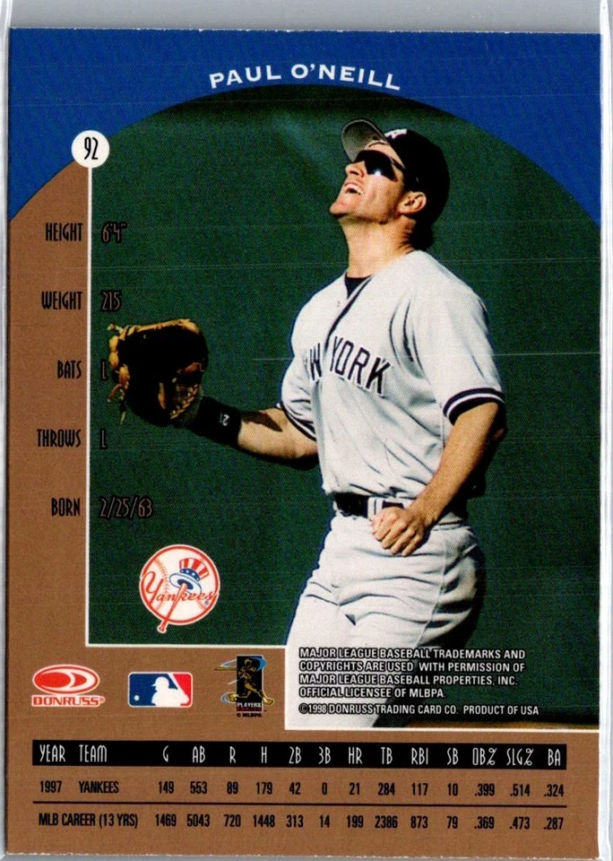 1998 (YANKEES) Donruss Preferred #92 Paul O'Neill - Image 2 of 2