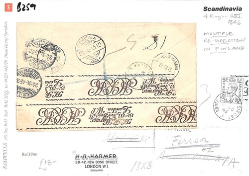 GB KGVI 6d Cover FINLAND Harmers Tape MULTIPLE RE-DIRECTIONS 1946 {samwells}B259 - Picture 3 of 6