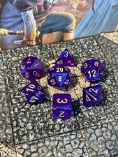 Glitter Royal Purple w/ Gold numbers 7 pc Dice Set D&D dungeons dragons resin