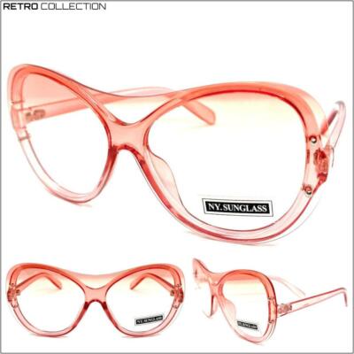 Women Oversized  Retro Shield Style SUNGLASSES Pink Frame Flat Pink & Clear Lens