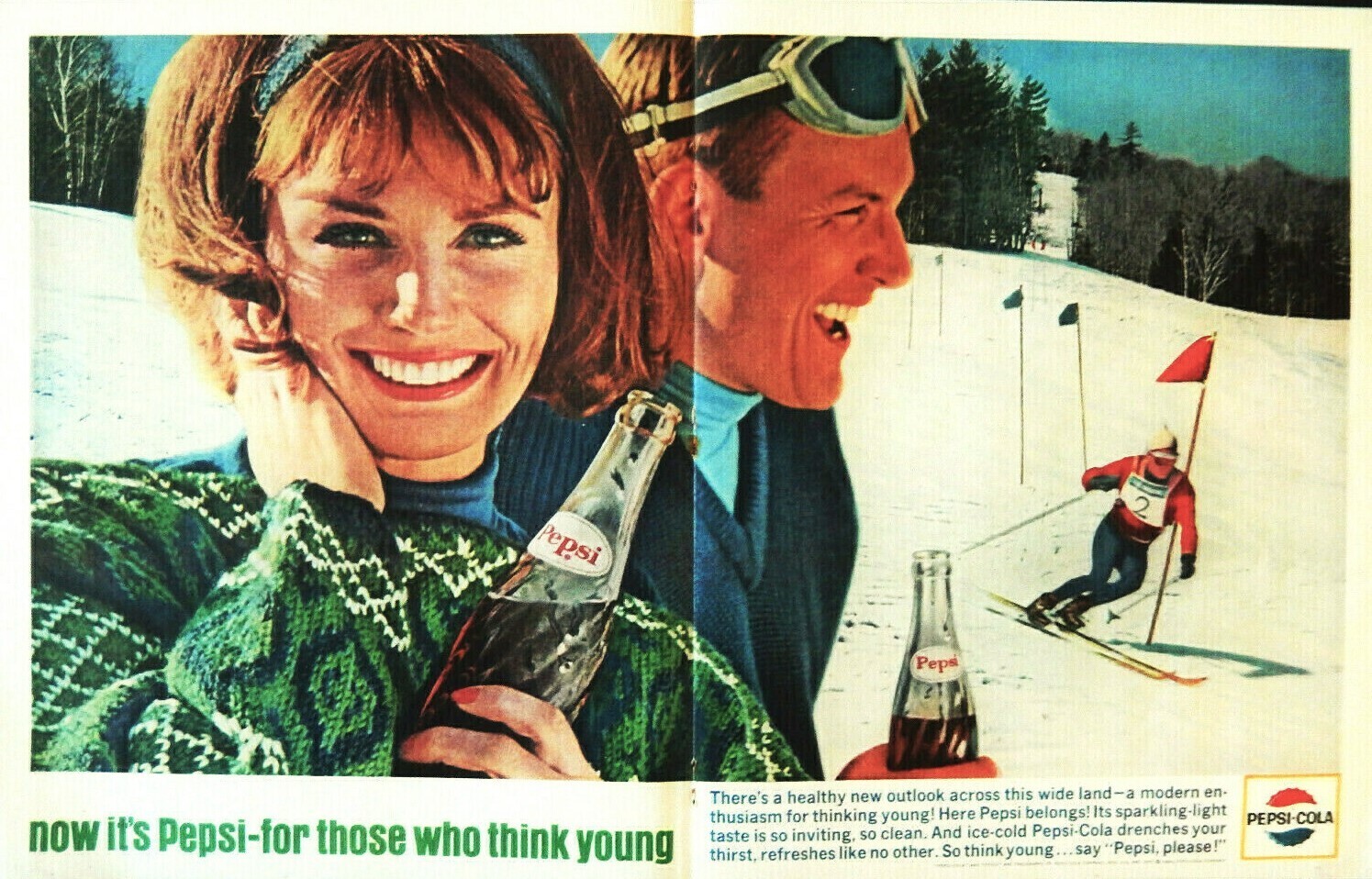Pepsi Cola Vintage ad original 1964 skiing couple think young advertisement